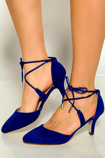 Blue Suede Pointy Toe Lace Up Kitten Heels - AMIClubwear