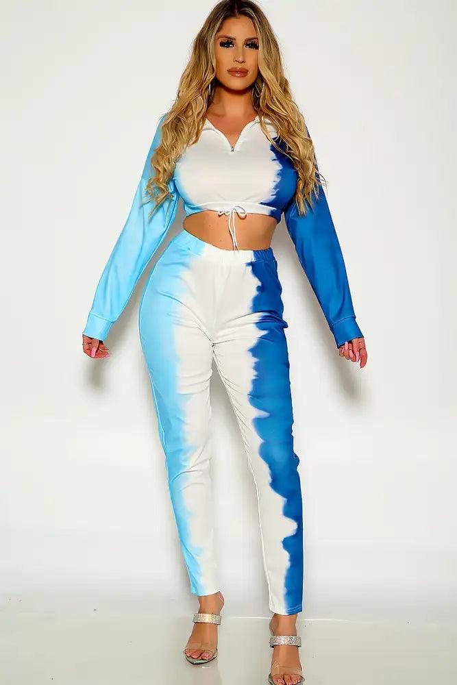 Blue Tie Dye Long Sleeve Two Piece Outfit - AMIClubwear