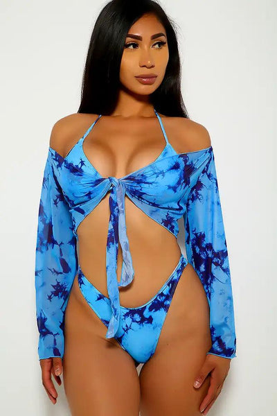 Blue Tie Dye Print Three Piece Swimsuit - AMIClubwear