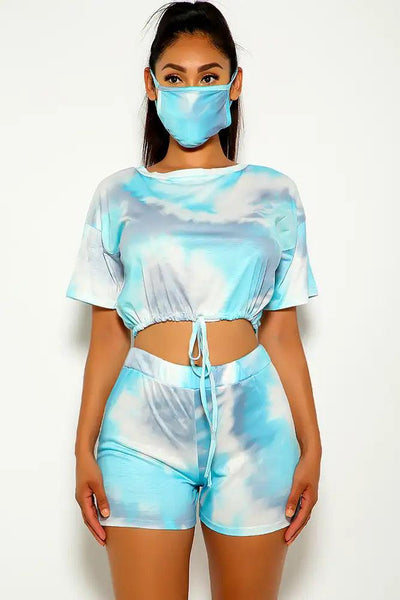 Blue Tie Dye Short Sleeve Three Piece Outfit - AMIClubwear