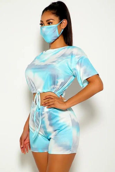 Blue Tie Dye Short Sleeve Three Piece Outfit - AMIClubwear