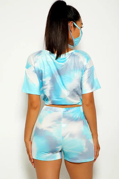 Blue Tie Dye Short Sleeve Three Piece Outfit - AMIClubwear