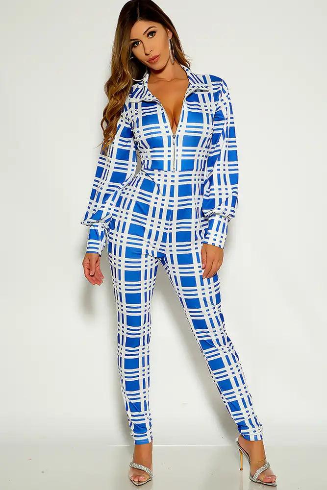 Blue Two Tone Long sleeve Front Zipper Jumpsuit - AMIClubwear