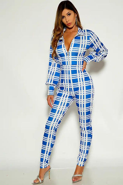 Blue Two Tone Long sleeve Front Zipper Jumpsuit - AMIClubwear