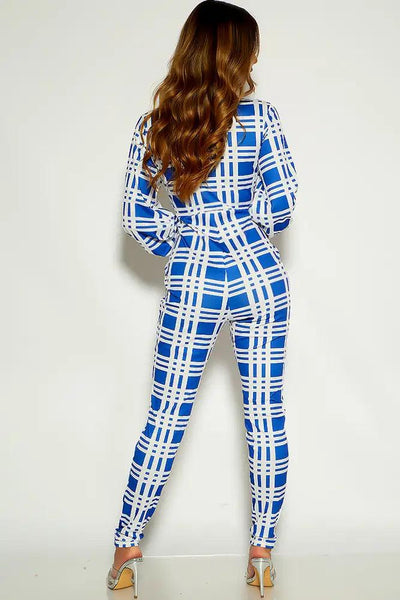 Blue Two Tone Long sleeve Front Zipper Jumpsuit - AMIClubwear