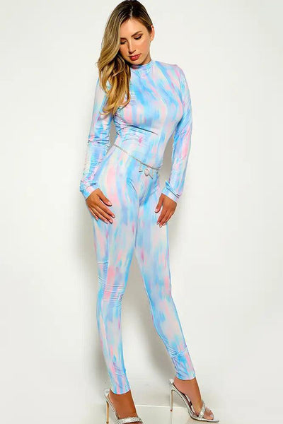 Blue Two Tone Long Sleeve Jumpsuit - AMIClubwear