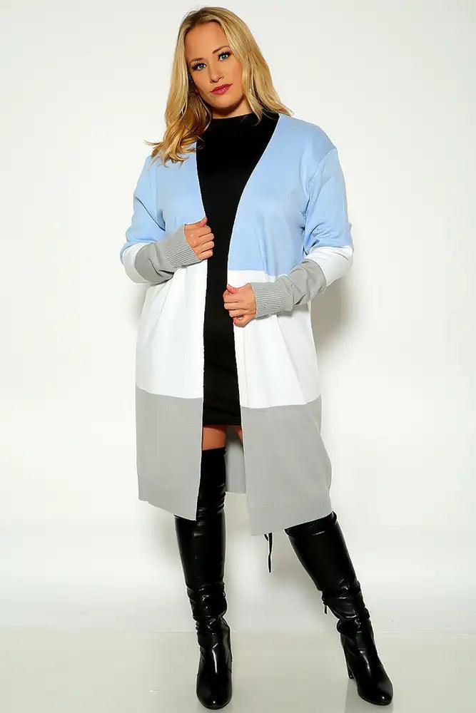 Blue Two Tone Long Sleeve Plus Size Open Front Cardigan - AMIClubwear