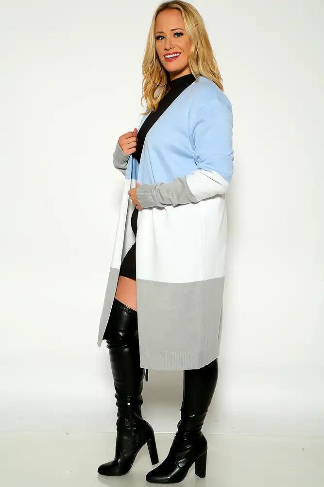 Blue Two Tone Long Sleeve Plus Size Open Front Cardigan - AMIClubwear