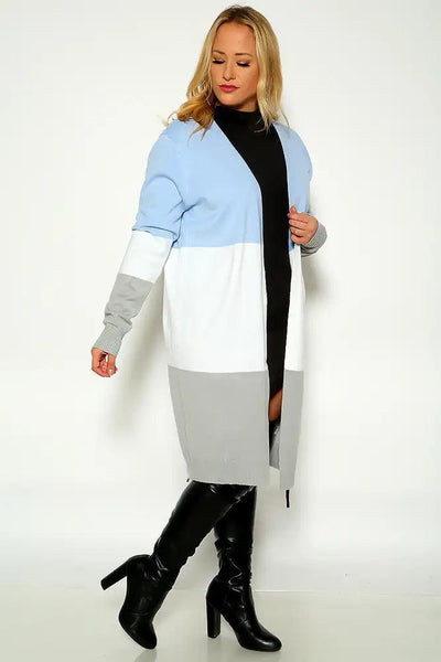 Blue Two Tone Long Sleeve Plus Size Open Front Cardigan - AMIClubwear