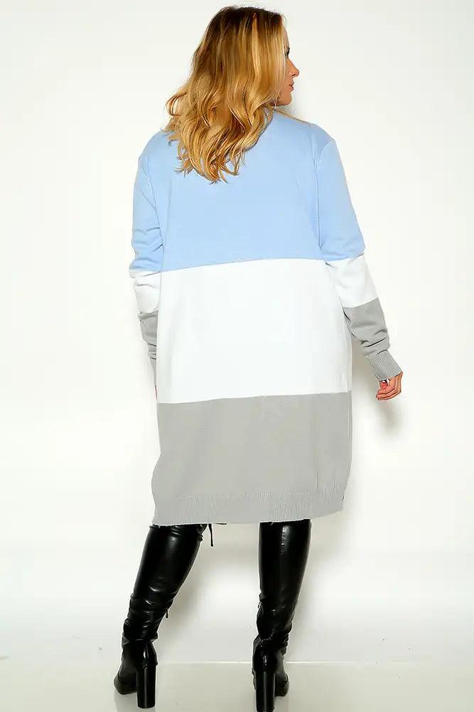 Blue Two Tone Long Sleeve Plus Size Open Front Cardigan - AMIClubwear