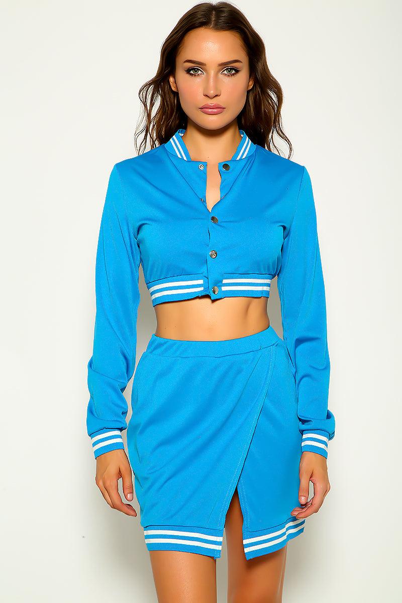 Blue Varsity Crop Jacket & Slit Open Skirt 2 Pc Set - AMIClubwear