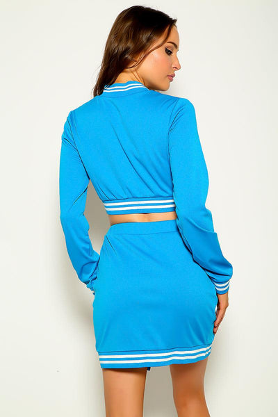 Blue Varsity Crop Jacket & Slit Open Skirt 2 Pc Set - AMIClubwear