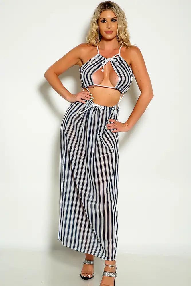 Blue White Cut Out Halter Striped Dress - AMIClubwear