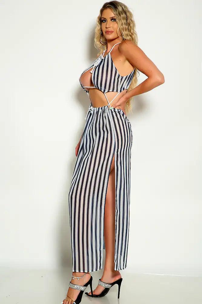 Blue White Cut Out Halter Striped Dress - AMIClubwear