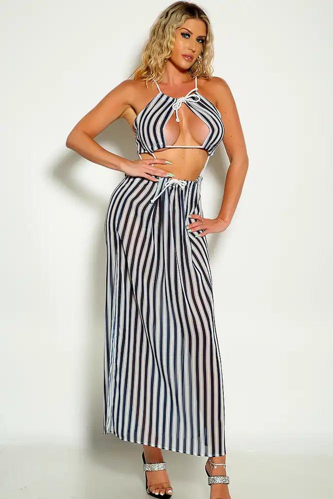 Blue White Cut Out Halter Striped Dress - AMIClubwear