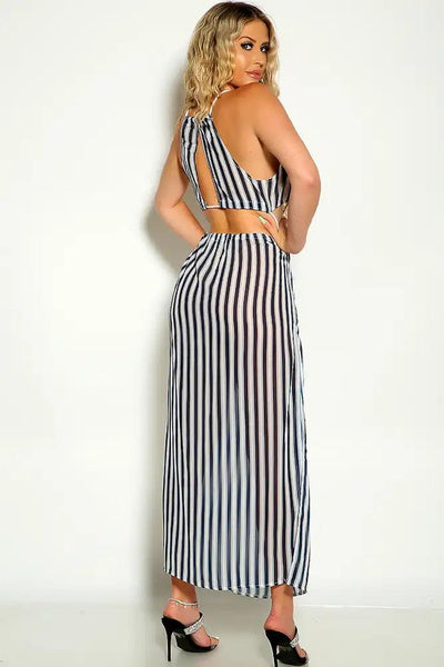 Blue White Cut Out Halter Striped Dress - AMIClubwear