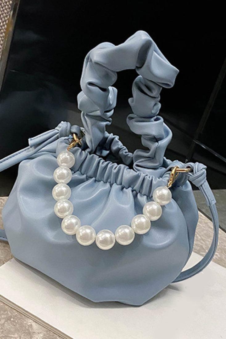 Blue White Faux Pearl Ruched Mini Handbag - AMIClubwear