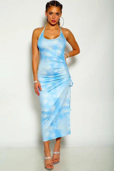 Blue White Halter Adjustable Ruched Detail Dress - AMIClubwear