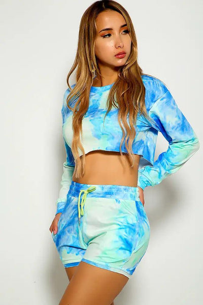 Blue White Long Sleeve Tie Dye Casual Outfit - AMIClubwear