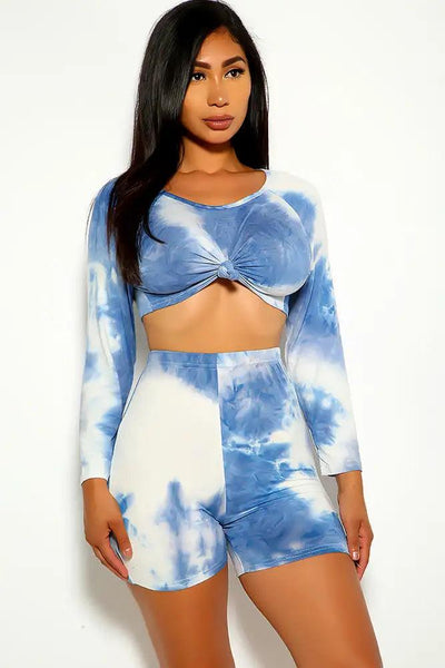 Blue White Long Sleeve Two Piece Outfit - AMIClubwear