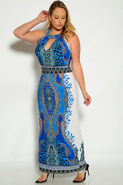 Blue White Mock Neck Two Tone Plus Size Maxi Dress - AMIClubwear