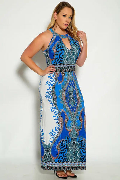 Blue White Mock Neck Two Tone Plus Size Maxi Dress - AMIClubwear