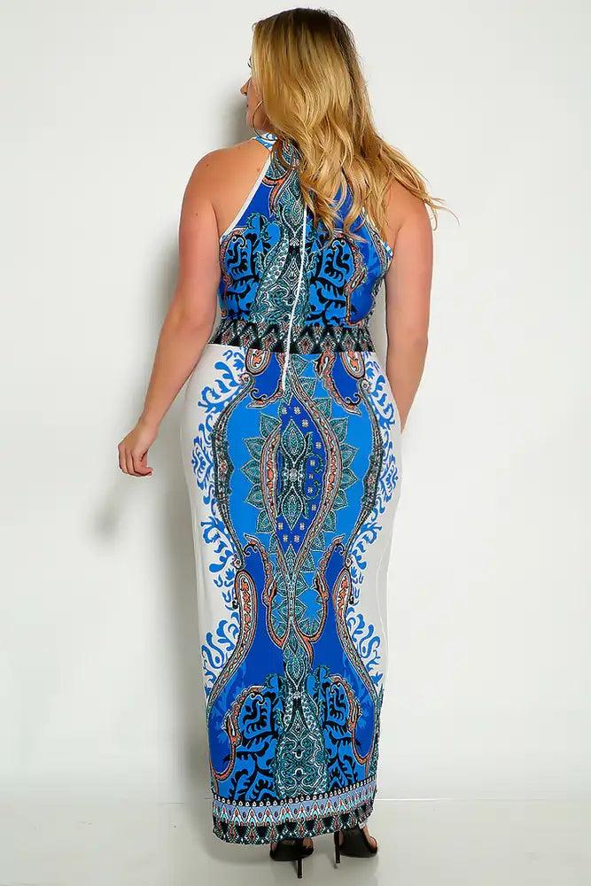 Blue White Mock Neck Two Tone Plus Size Maxi Dress - AMIClubwear