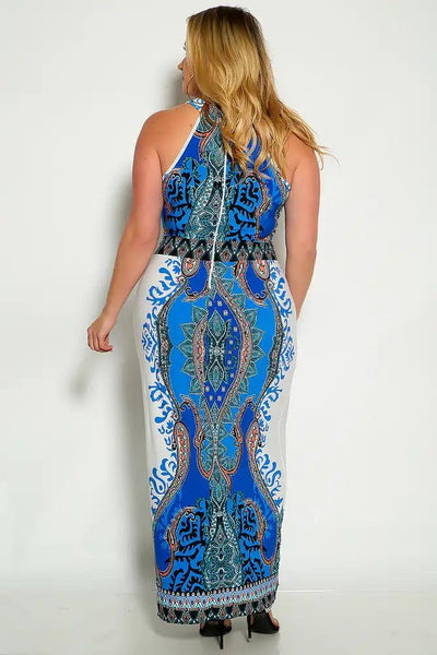 Blue White Mock Neck Two Tone Plus Size Maxi Dress - AMIClubwear