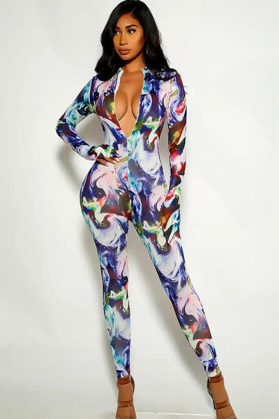 Blue White Printed Long Sleeve Jumpsuit - AMIClubwear