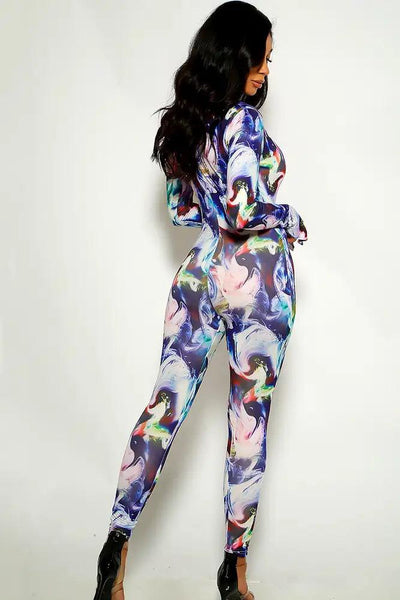 Blue White Printed Long Sleeve Jumpsuit - AMIClubwear