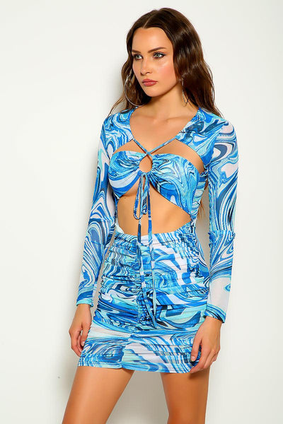 Blue White Printed Long Sleeve Sexy Party Dress - AMIClubwear