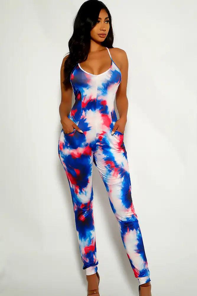 Blue White Printed Sleeveless Jumpsuit - AMIClubwear