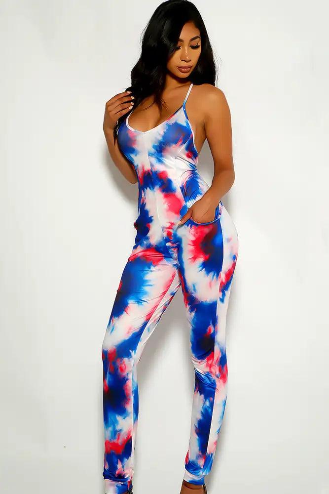 Blue White Printed Sleeveless Jumpsuit - AMIClubwear