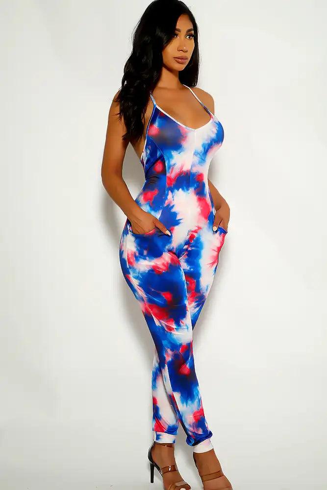 Blue White Printed Sleeveless Jumpsuit - AMIClubwear