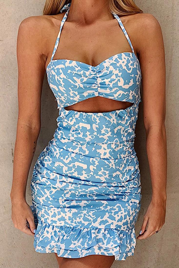 Blue White Printed Sleeveless Party Dress - AMIClubwear