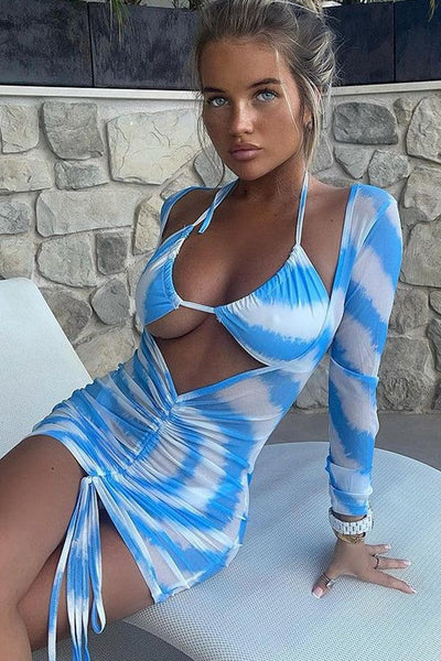 Blue White Printed Three Piece Sexy Swimsuit - AMIClubwear