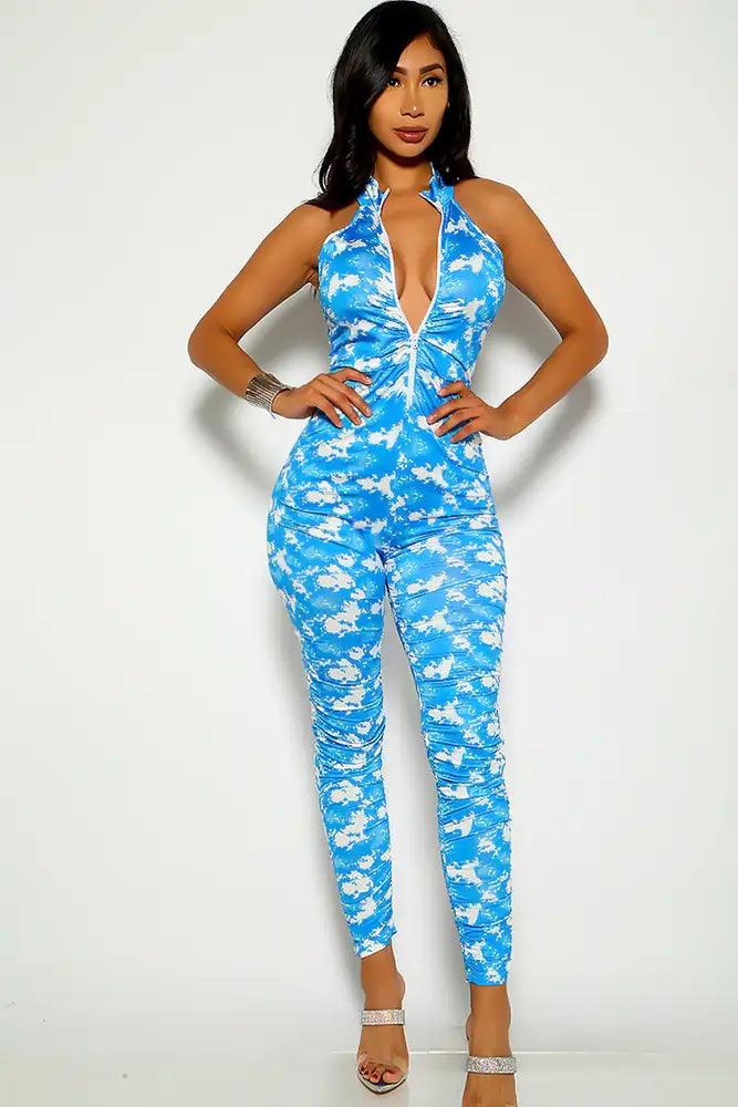 Blue White Sleeveless Jumpsuit - AMIClubwear