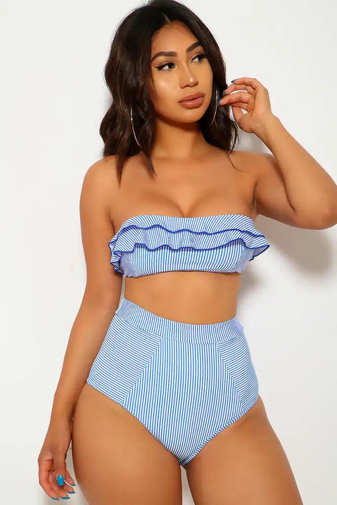 Blue White Striped Print Two Piece Swimsuit - AMIClubwear