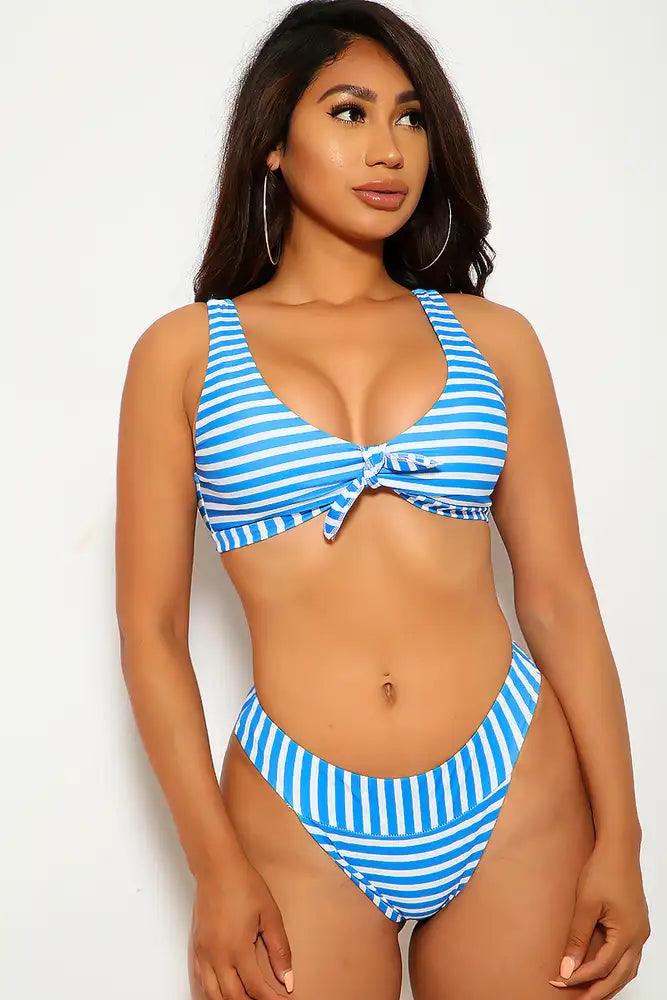 Blue White Striped Two Piece Swimsuit - AMIClubwear