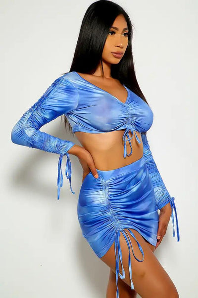 Blue White Tie Dye Ruched Two Piece Dress - AMIClubwear