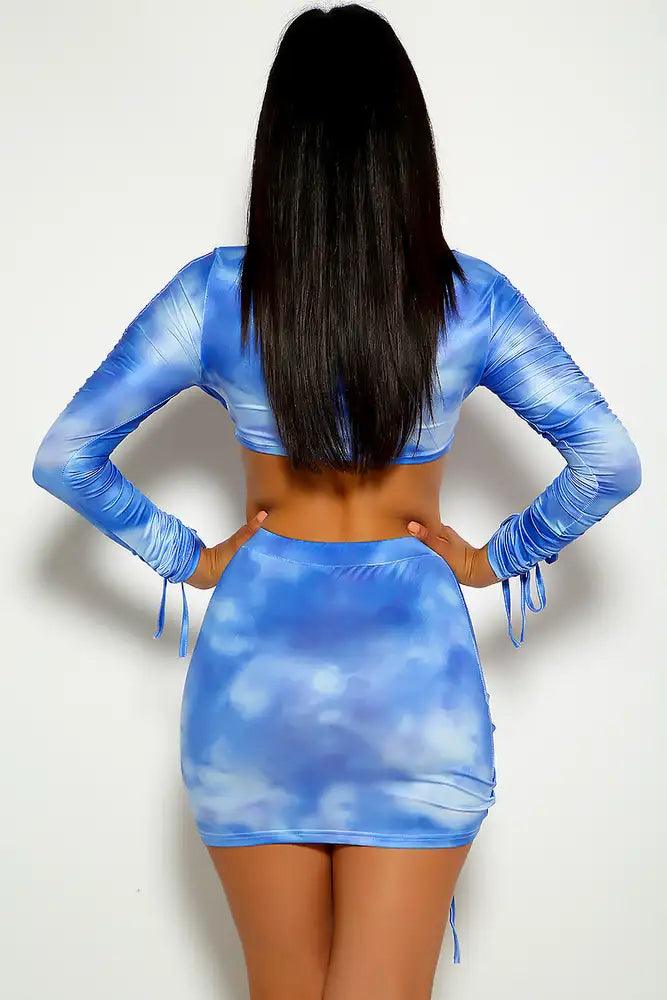 Blue White Tie Dye Ruched Two Piece Dress - AMIClubwear