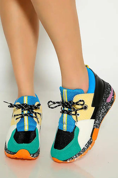 Blue Yellow Color Brock Lace Up Sneakers - AMIClubwear
