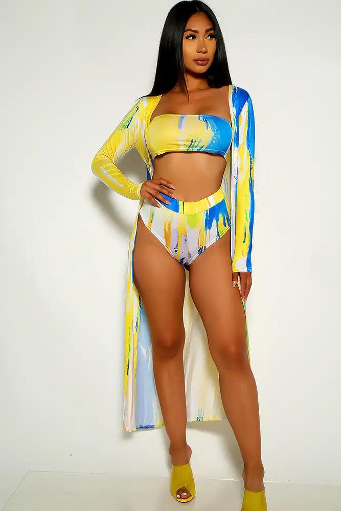 Blue Yellow Tie Dye Print Swimsuit Set - AMIClubwear