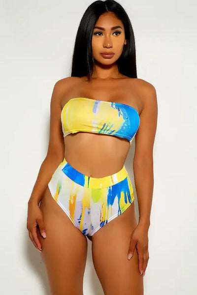 Blue Yellow Tie Dye Print Swimsuit Set - AMIClubwear