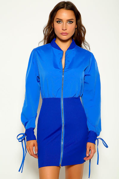 Blue Zip Front Windbreaker Dress Jacket - AMIClubwear