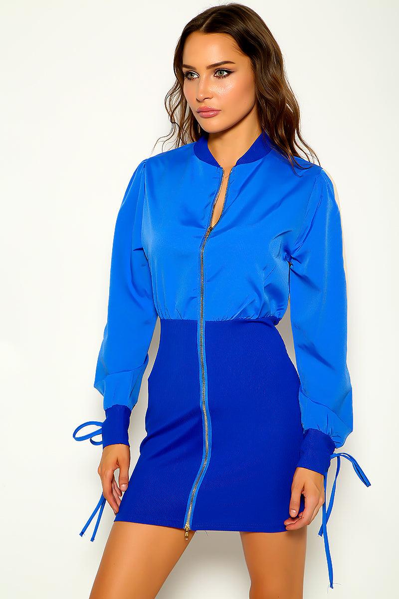 Blue Zip Front Windbreaker Dress Jacket - AMIClubwear