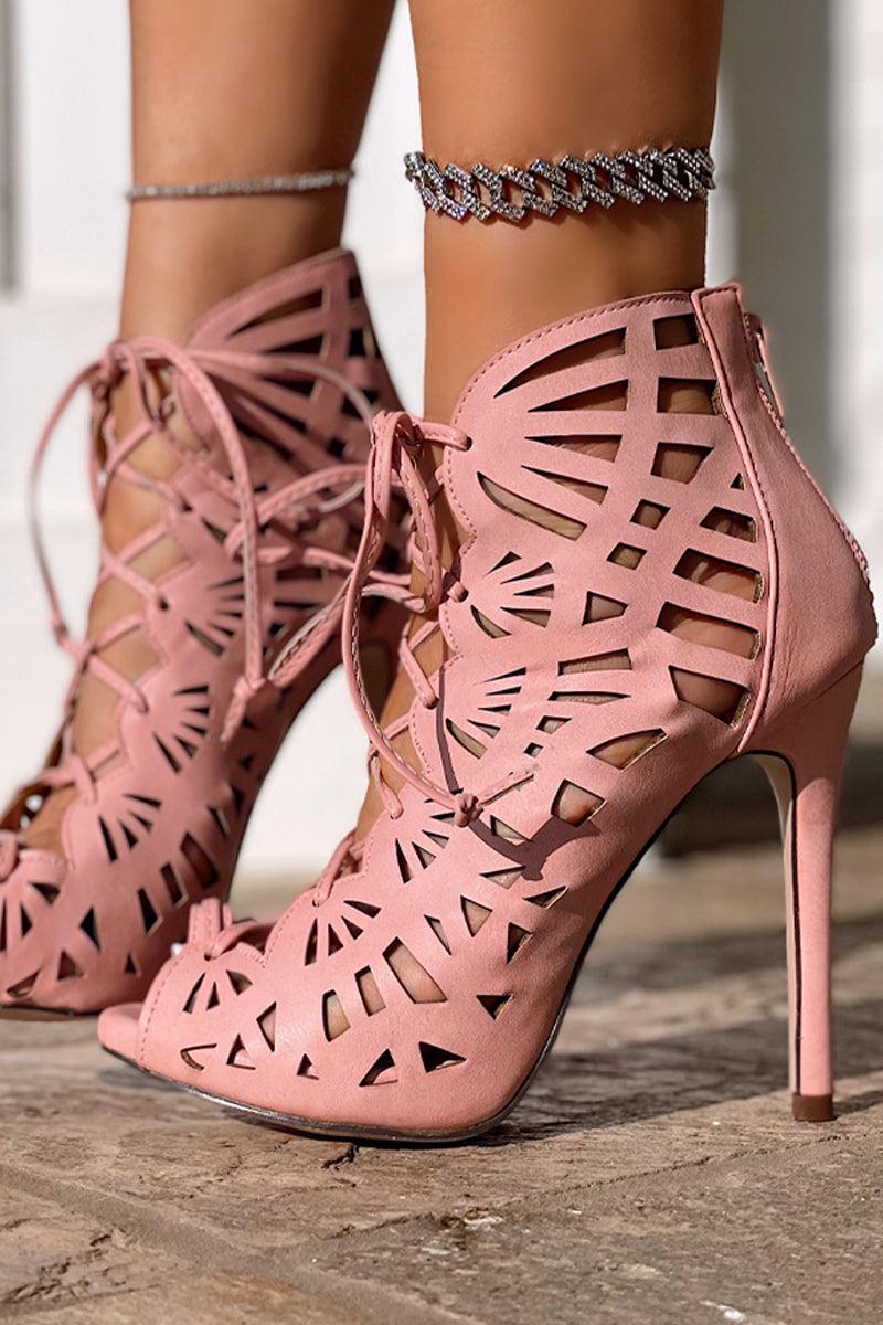 Blush Cut Out Pattern Peep Toe Lace Up High Heels - AMIClubwear