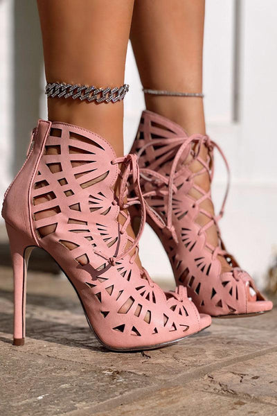 Blush Cut Out Pattern Peep Toe Lace Up High Heels - AMIClubwear