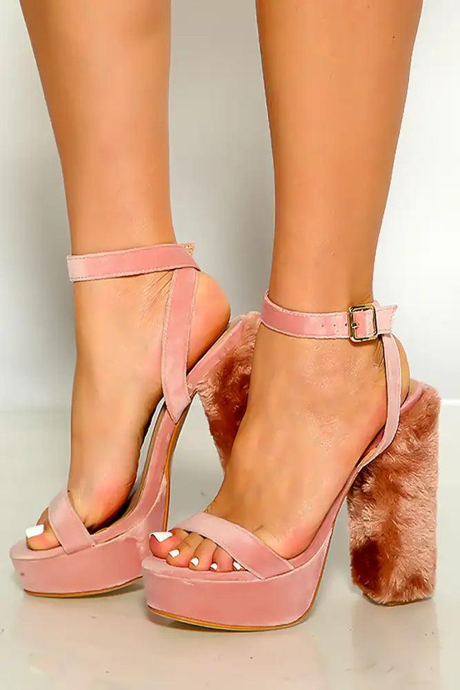 Blush Open Toe Ankle Strap Faux Fur Chunky Heels - AMIClubwear