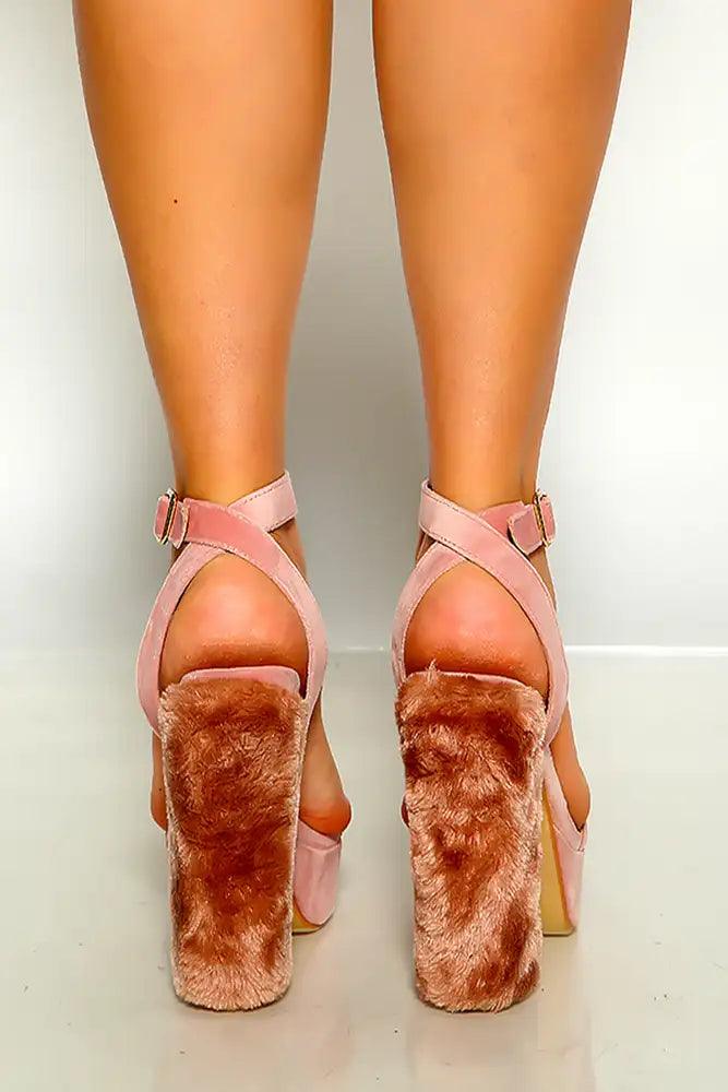 Blush Open Toe Ankle Strap Faux Fur Chunky Heels - AMIClubwear